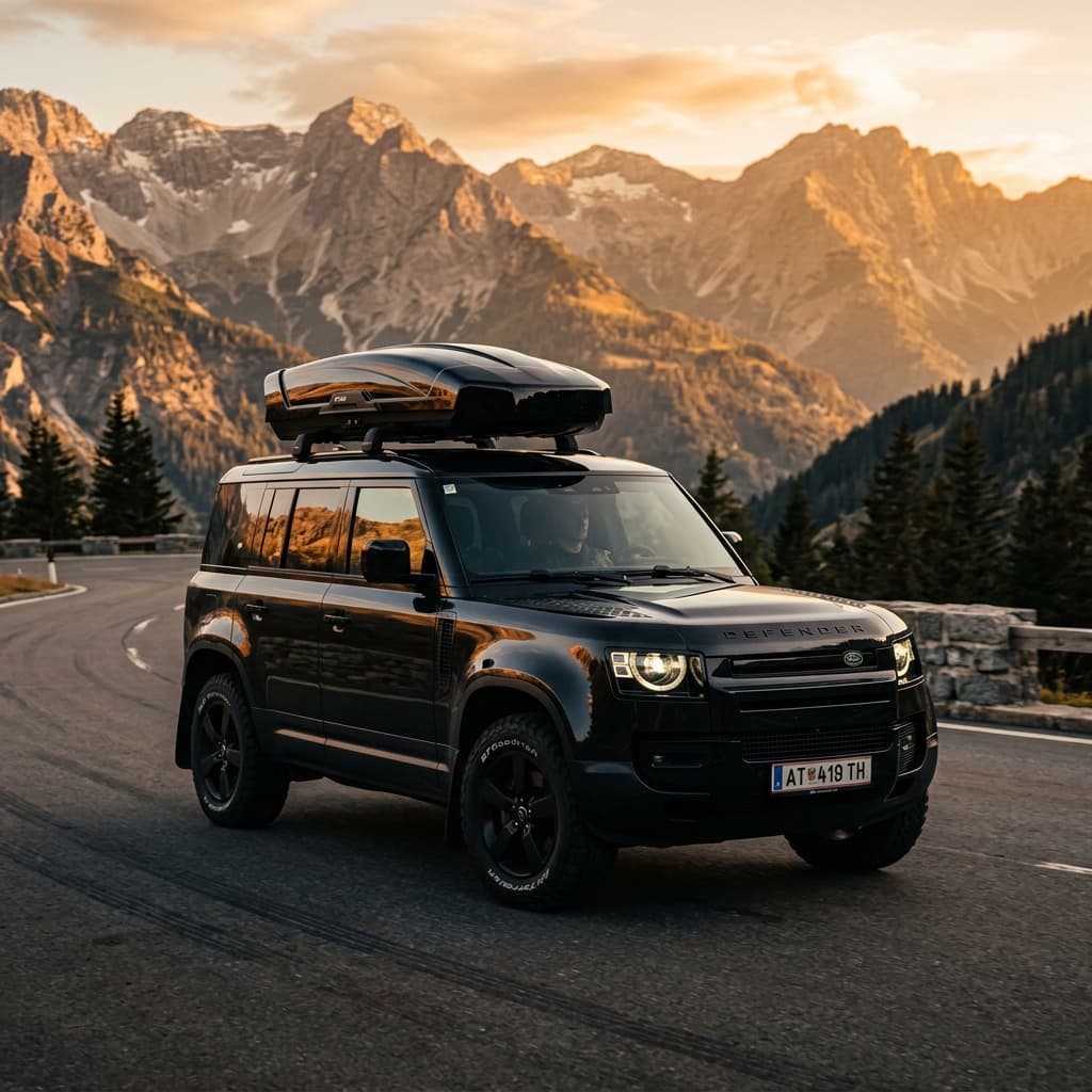 Auto s Thule strešným boxom na horskej ceste